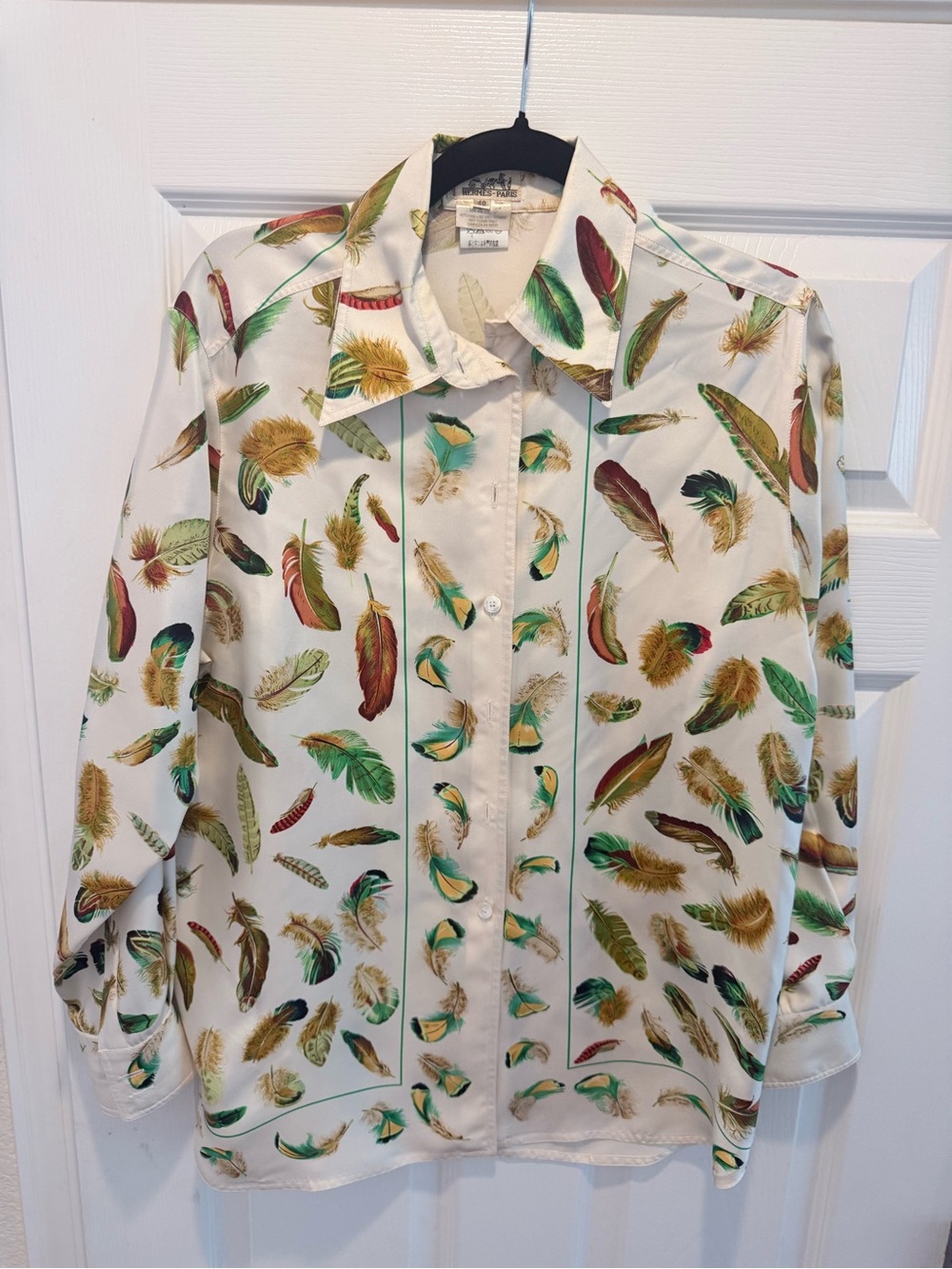 Hermes White Button-Down Shirt with Multicolor Feather Print